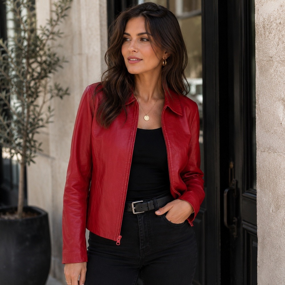 Vera Pelle Leather Jacket Womens 40 US S Red Zip Front Made in Italy Moto Biker